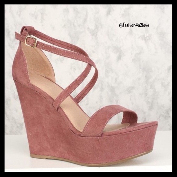 Blush Crisscross Open Toe Wedges Vegan Suede. - Picture 4 of 5